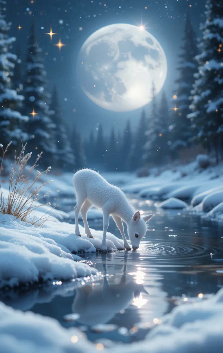 Tiny white deer by a moonlit snowy river bank