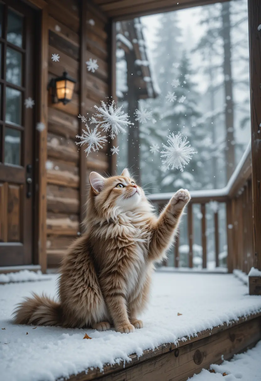 Fluffy cat catching snowflakes on a forest house porch