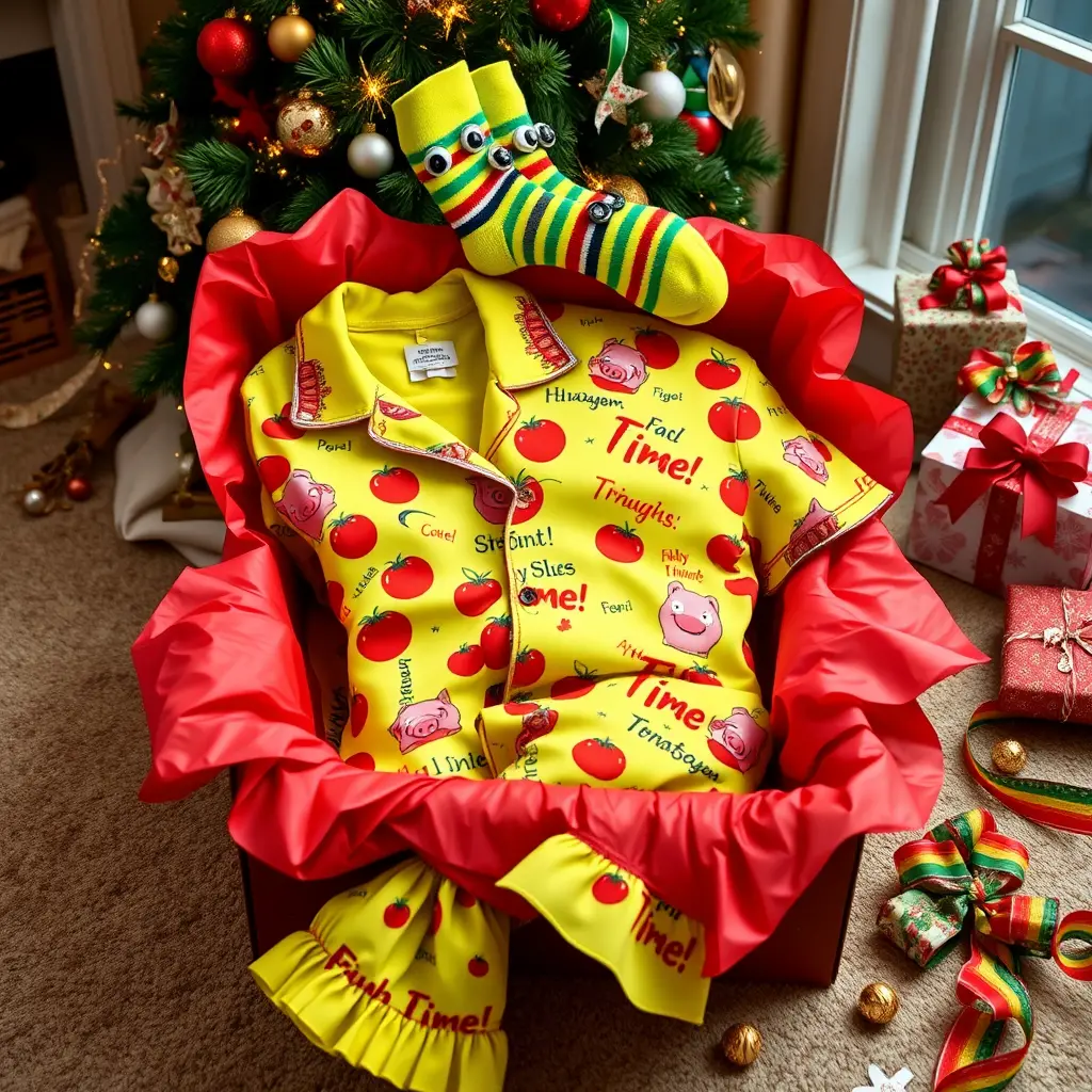 Ridiculous Neon Pajama Gift Set In Christmas Living Room