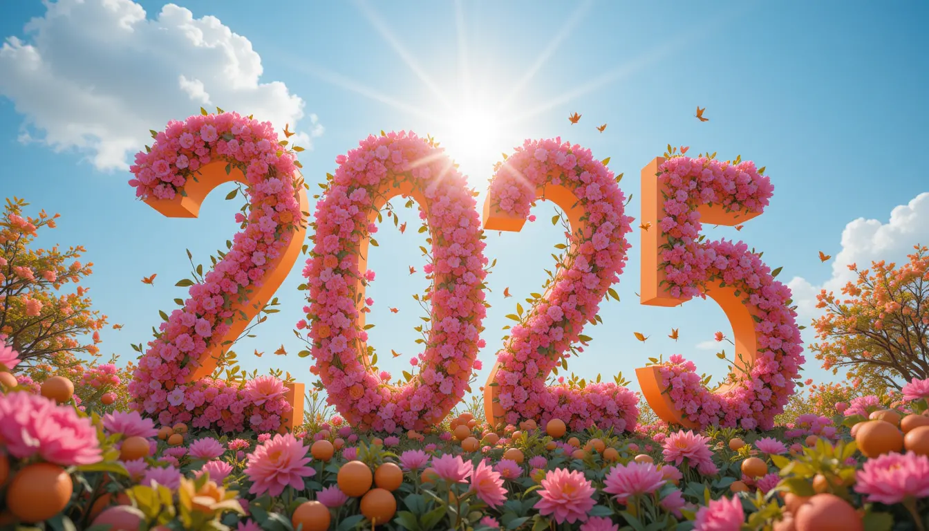 Orange 2025 numbers with flowers in a sunny orchard