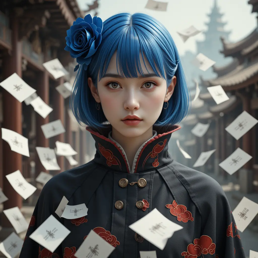 Mystical blue haired woman controlling swirling paper in city