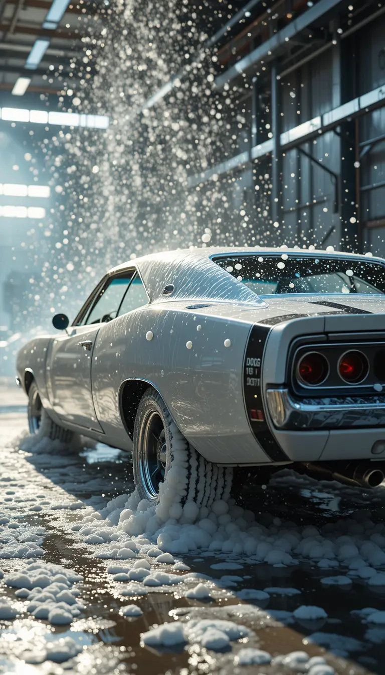 White classic dodge charger washed in industrial car wash