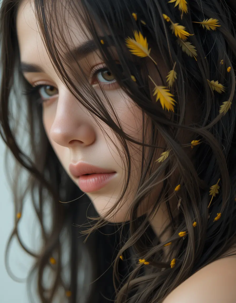 Close up hair portrait with yellow feathers woven through