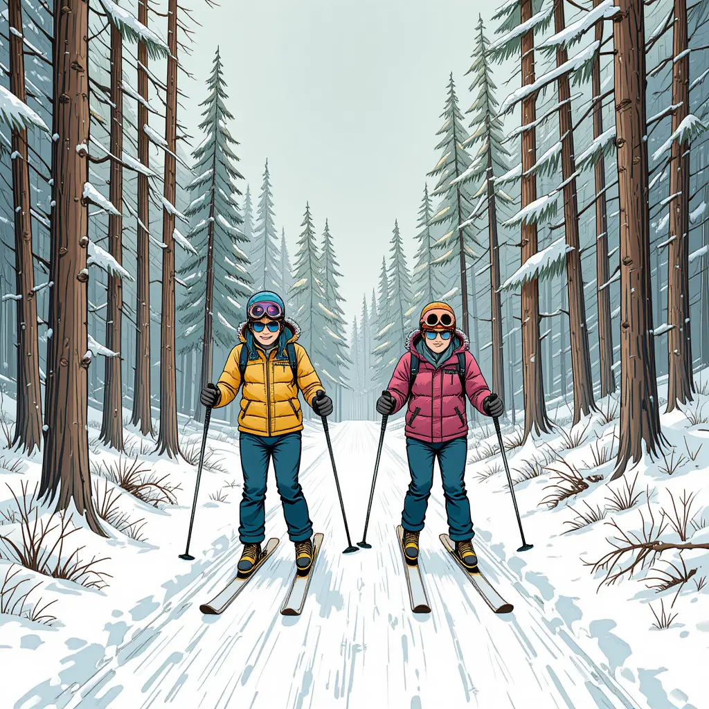 Twins skiing on a winter forest trail in drawing style