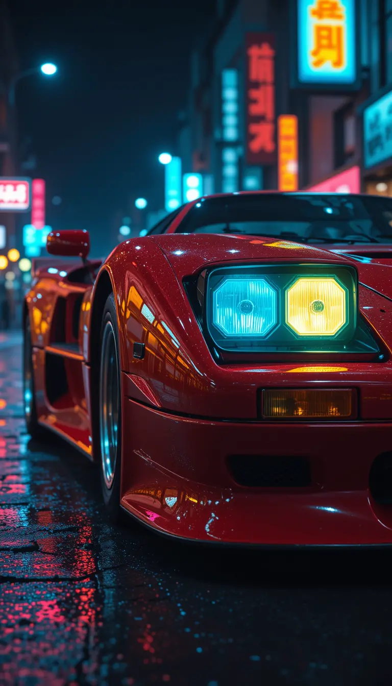 Red vintage hypercar with neon lights on wet city street