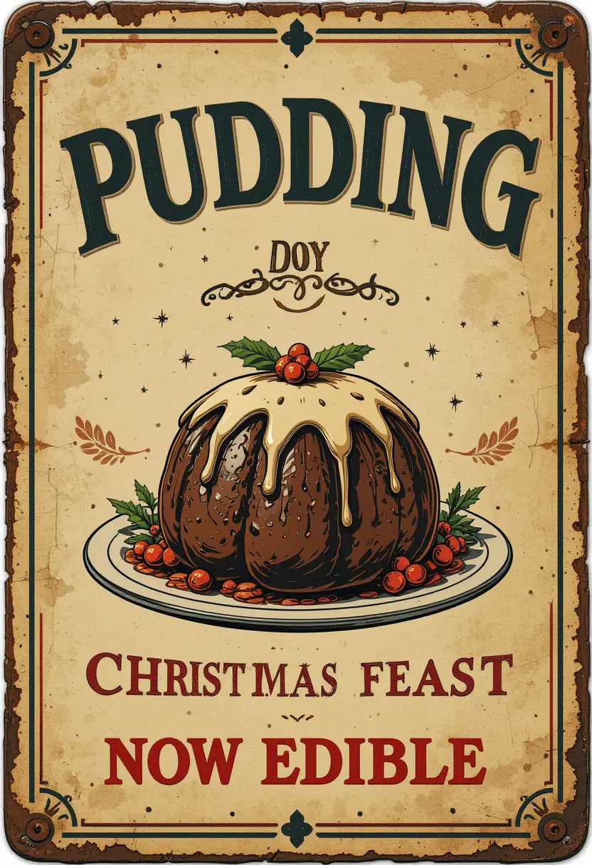 Vintage pudding sign with christmas dessert illustration