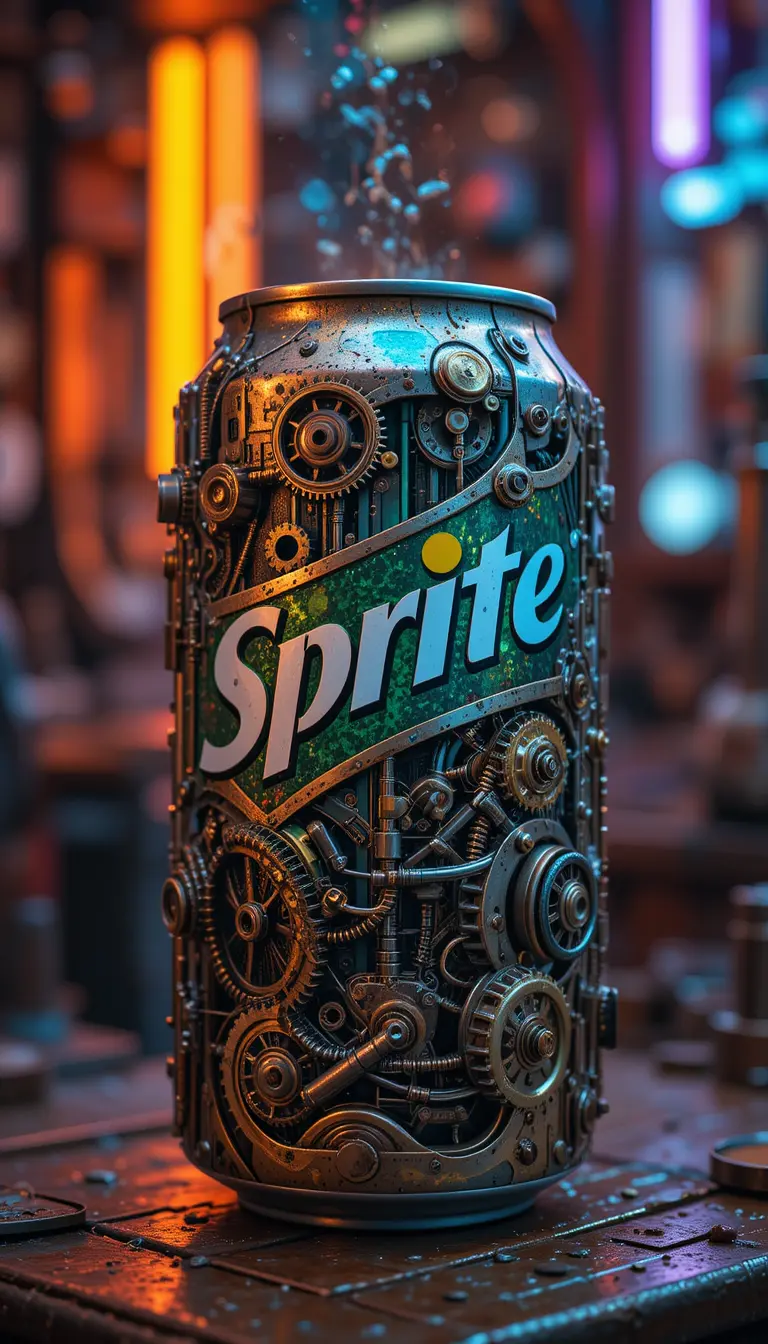 Photorealistic soda can with steampunk gears and pipes