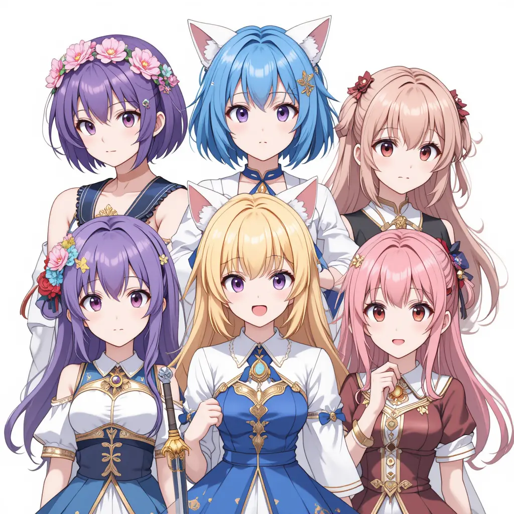 Collage Of Six Anime Girls With Colorful Outfits