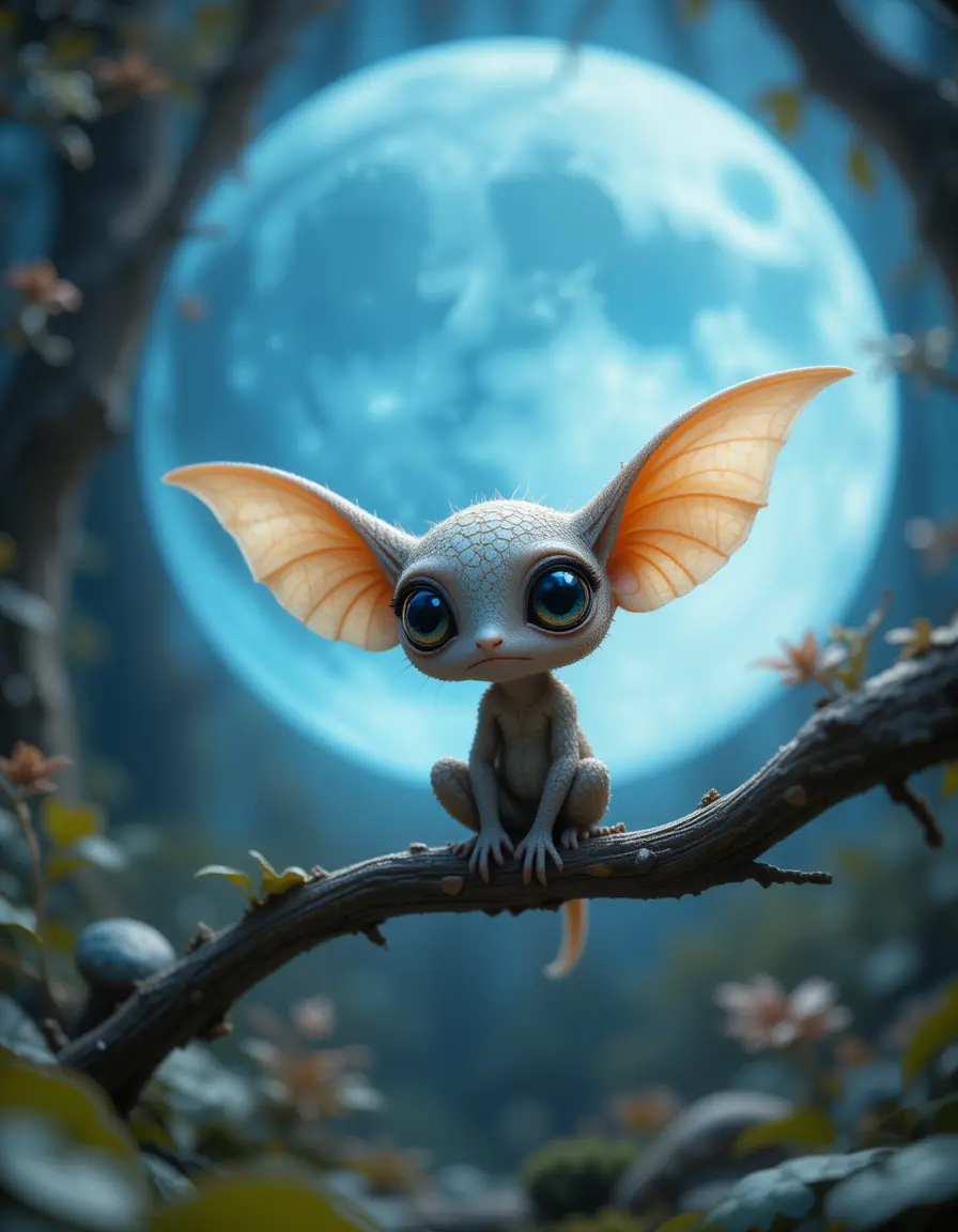 Tiny fantasy creature in a moonlit mystical forest
