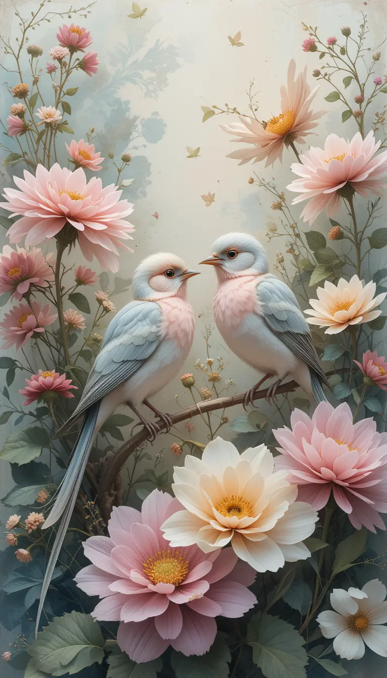 Romantic birds and flowers in soft watercolor 3D art