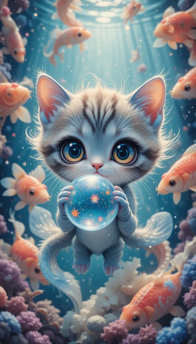 Chibi cosmic kitten holding a bubble in underwater cosmos