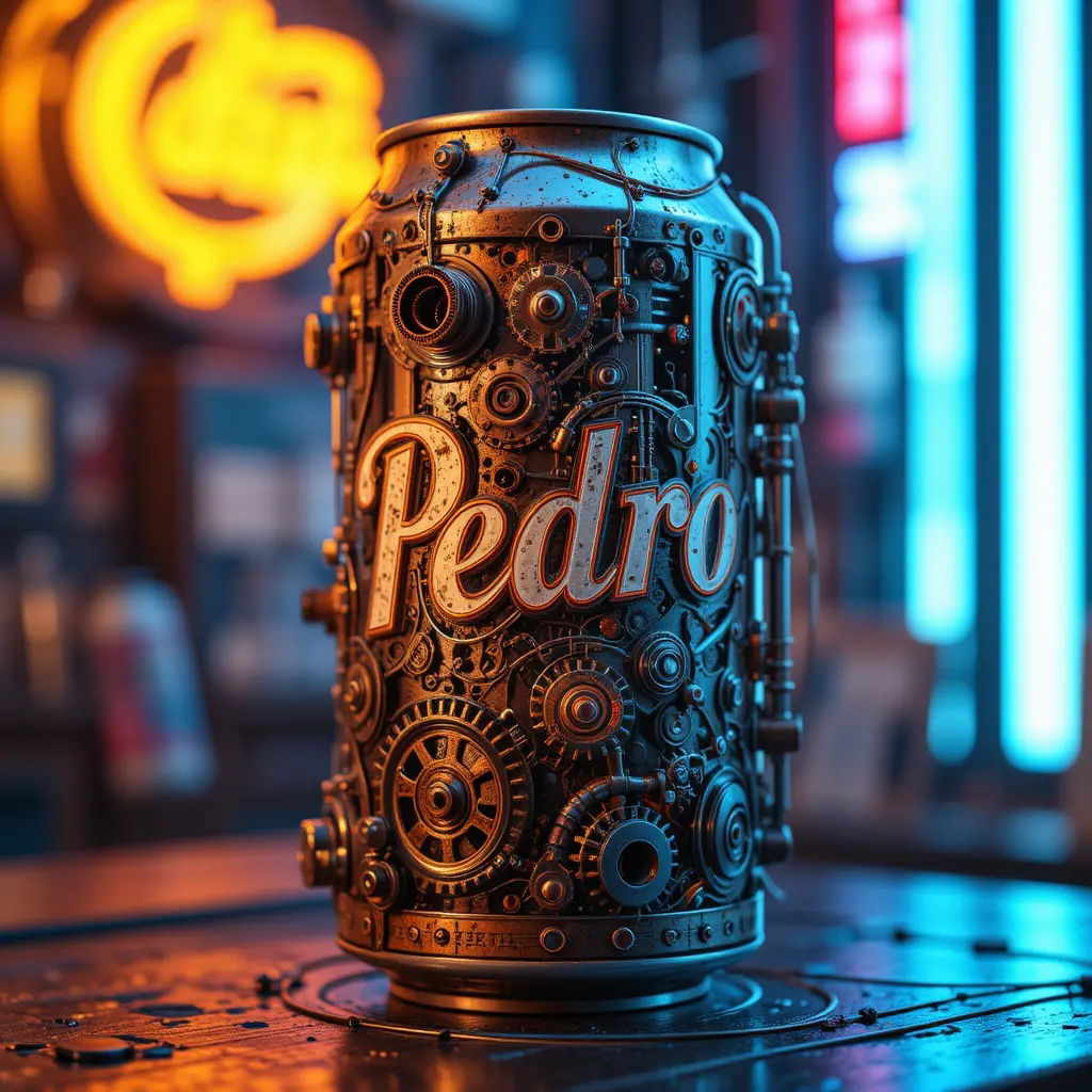 Steampunk soda can with visible gears and neon glow