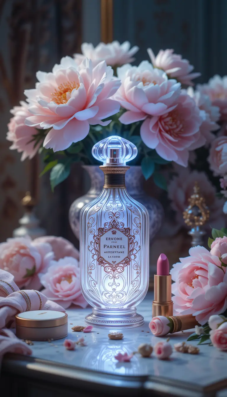 Vintage perfume bottle still life with pastel peonies