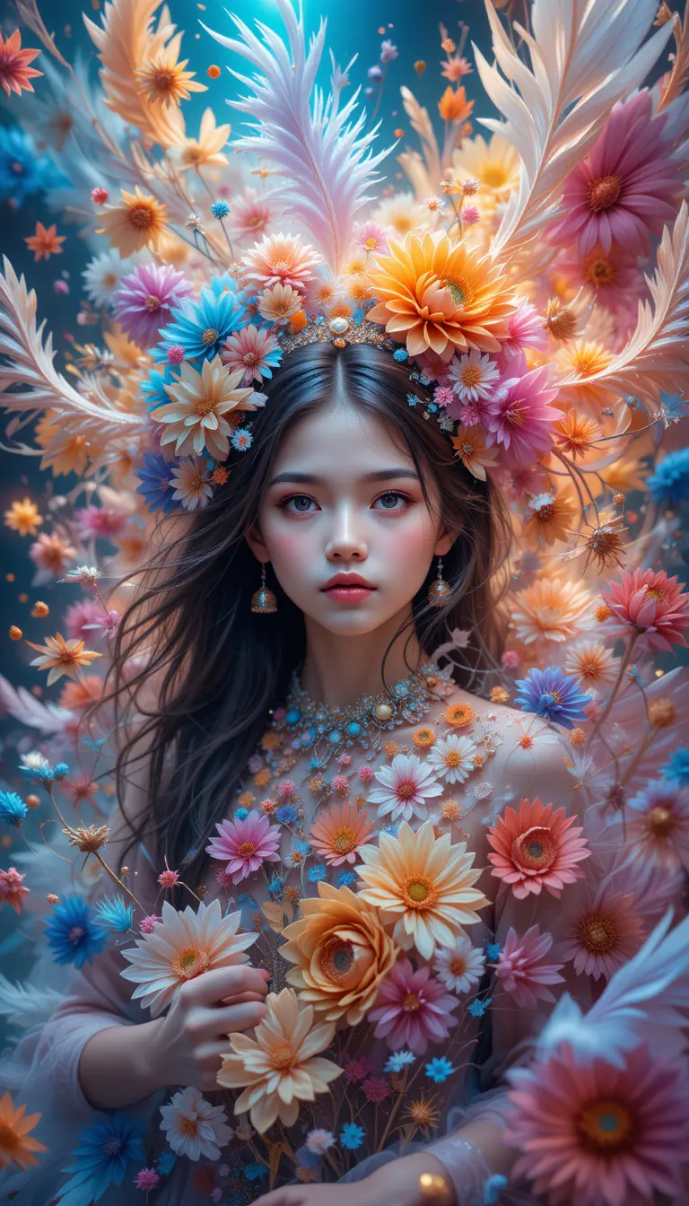 Surreal girl with fractal flowers and neon dreamscape