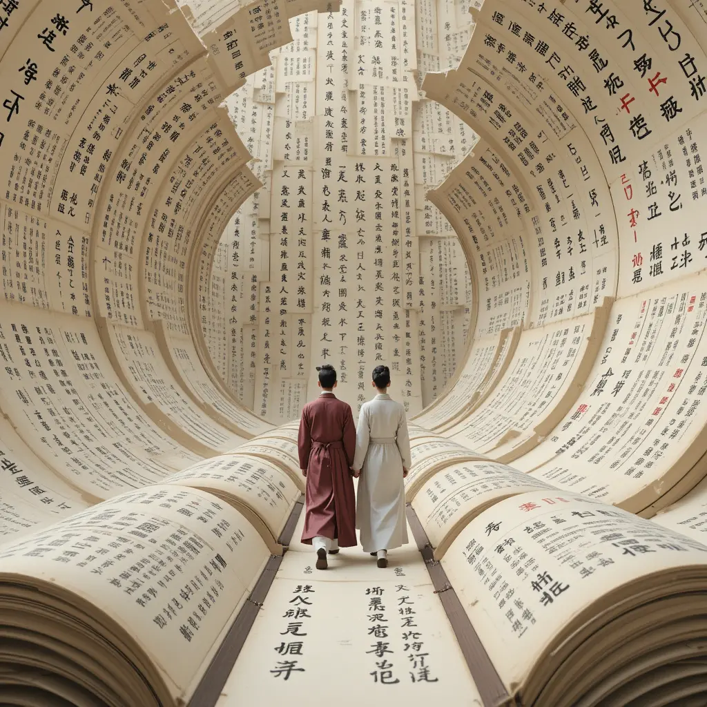 Hanfu couple walking through surreal Chinese calligraphy pages