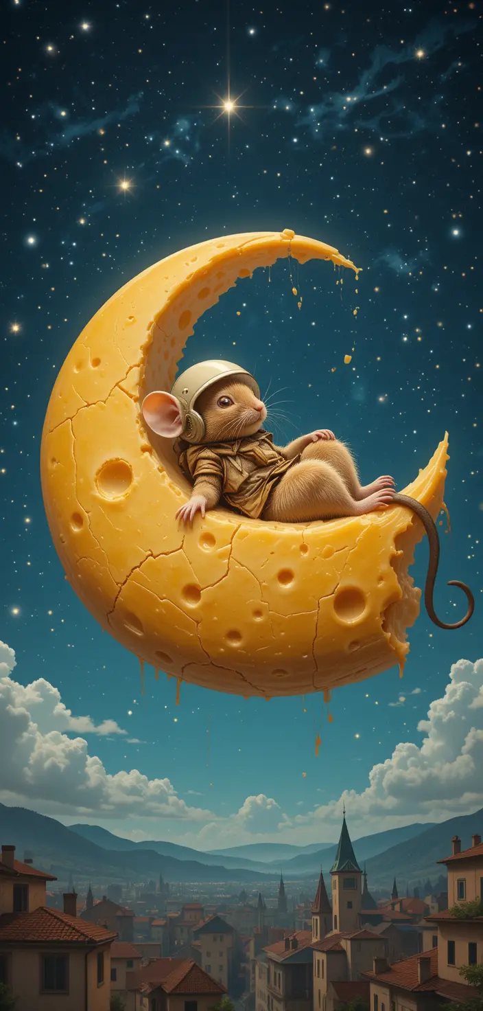 Helmeted mouse resting on crescent cheese above city