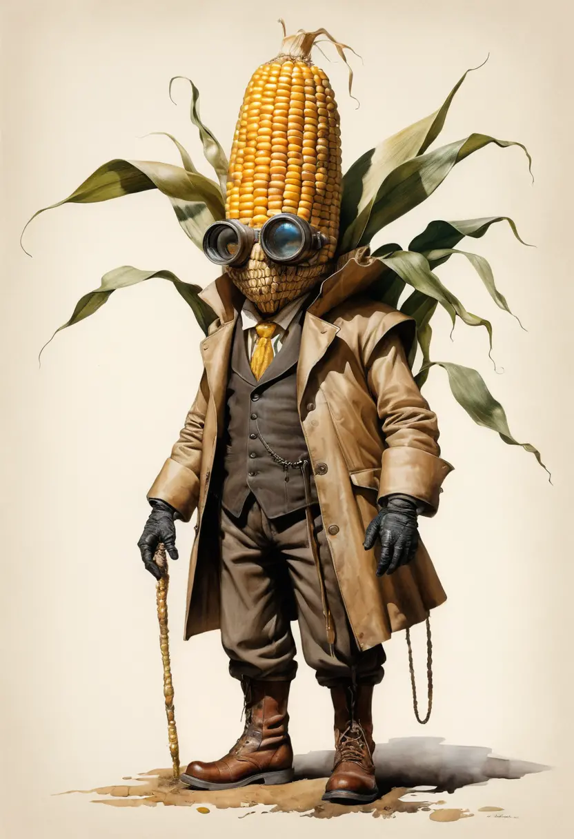Whimsical Corn Human Watercolor Portrait With Goggles