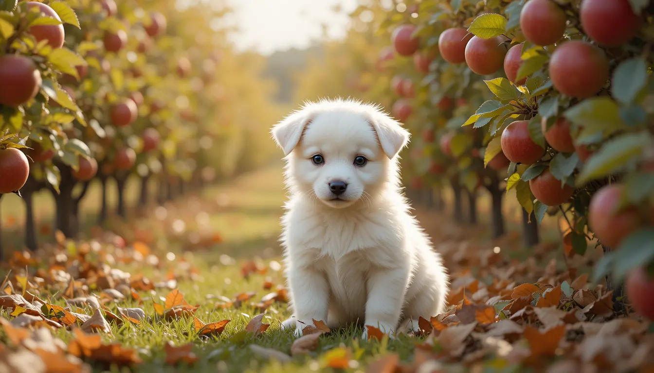 Adorable white puppy sitting in an autumn apple orchard