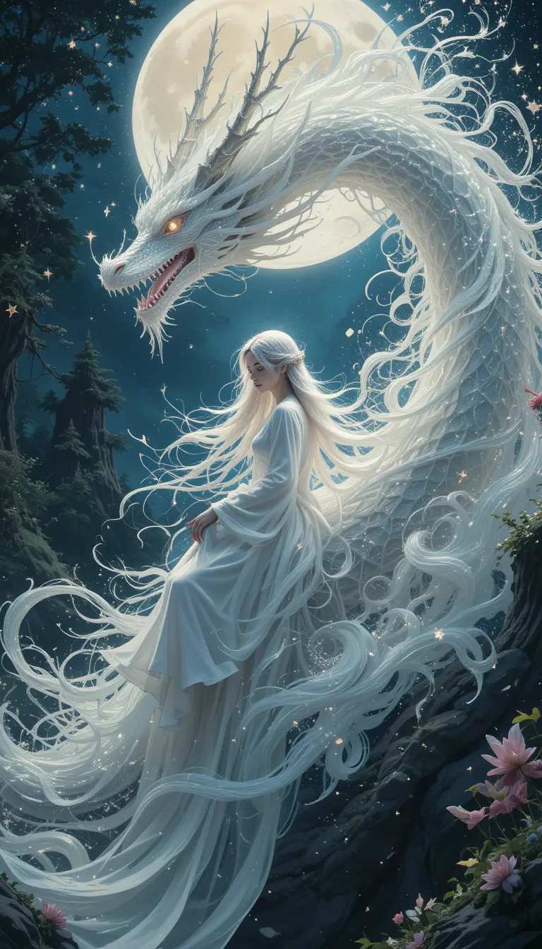 Woman Riding White Dragon In A Moonlit Fantasy Forest