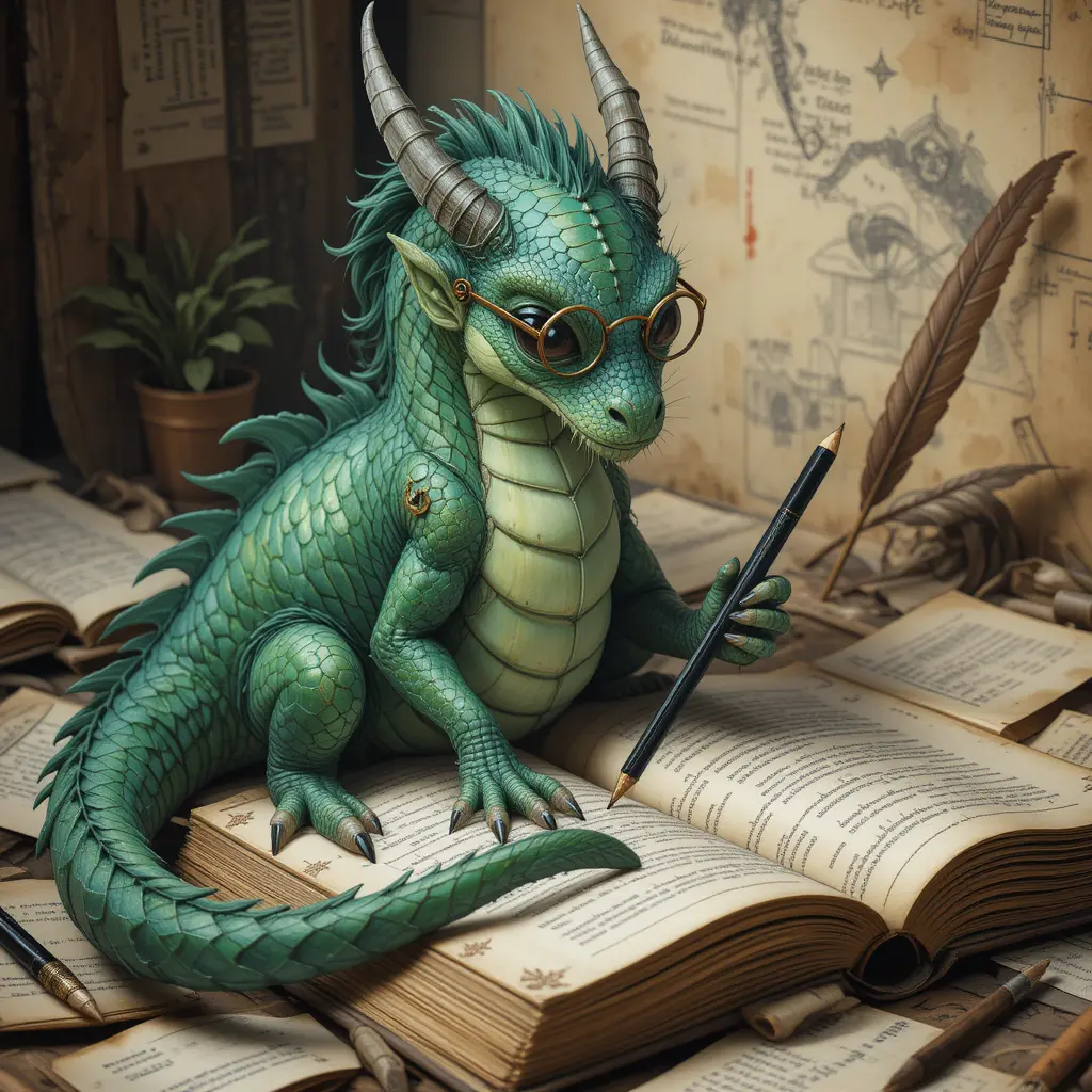 Gentle dragon reading among sketches and watercolor pages