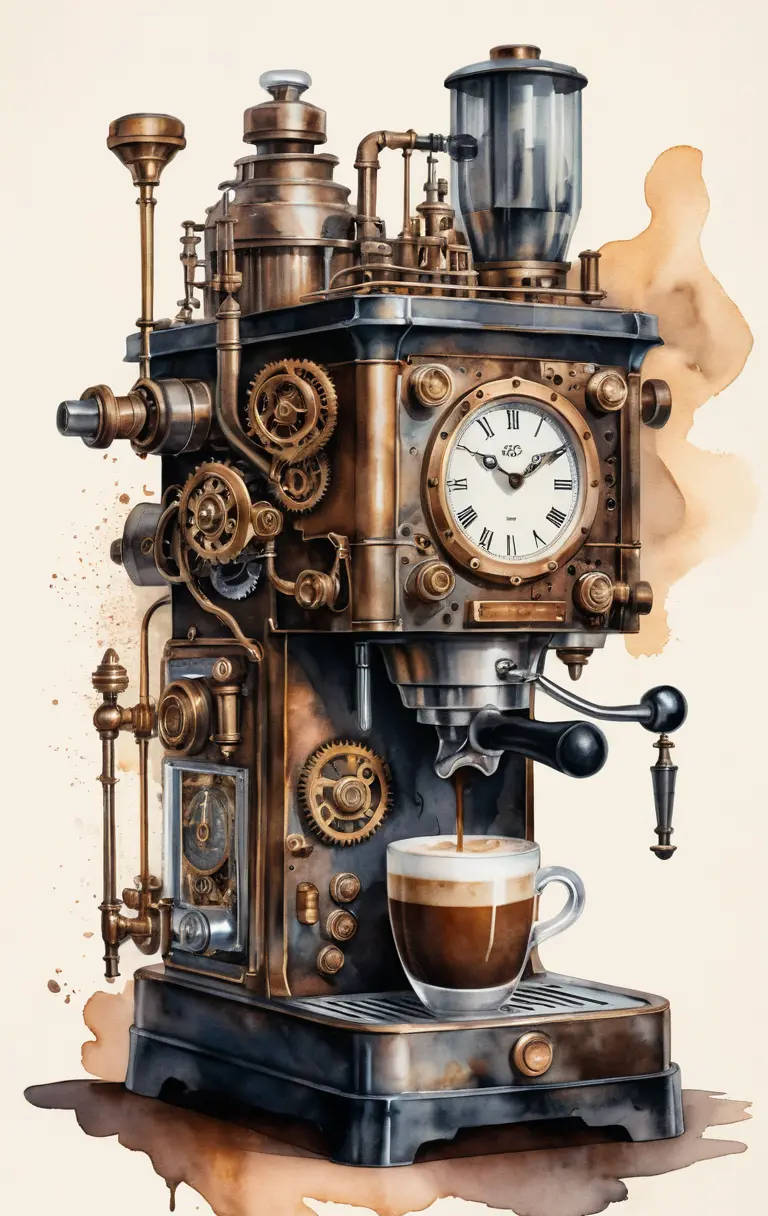 Watercolor steampunk coffee machine with vintage clockwork details