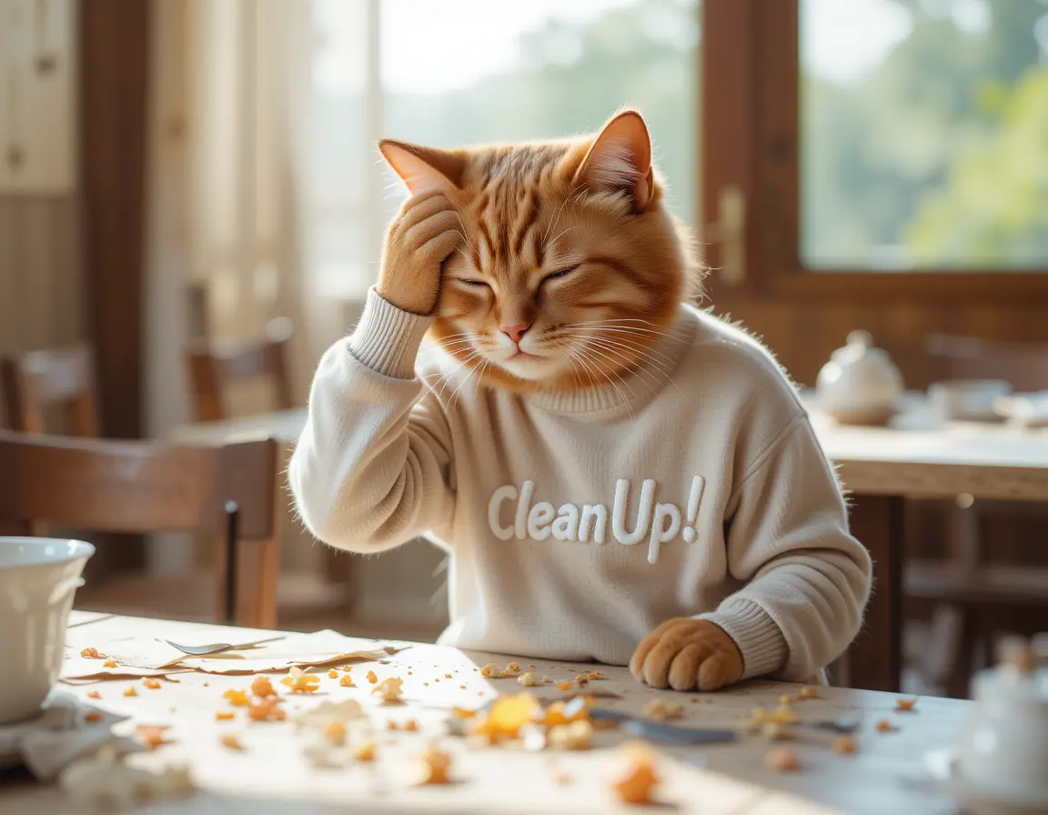 Sad red cat in sweater at messy countryside dining table