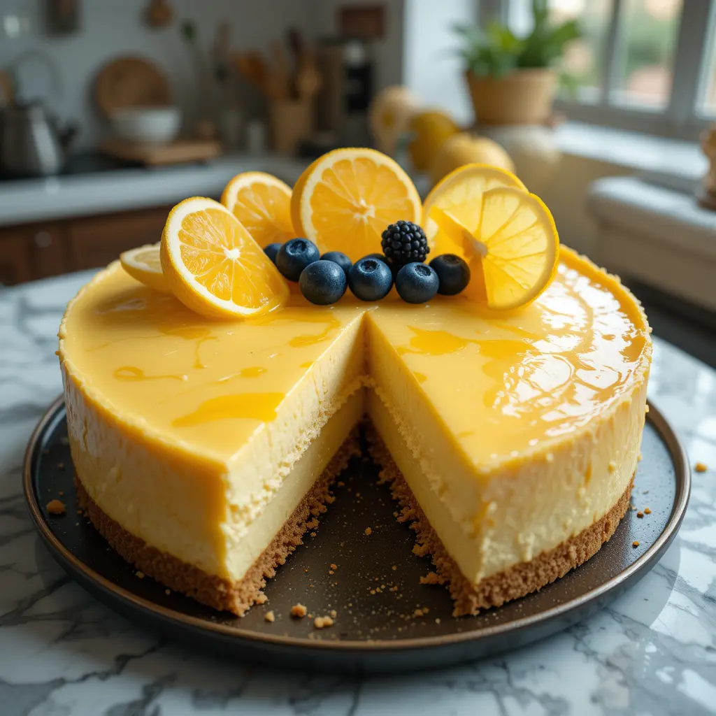 Tempting Lemon Cheesecake In Bright Kitchen Close Up