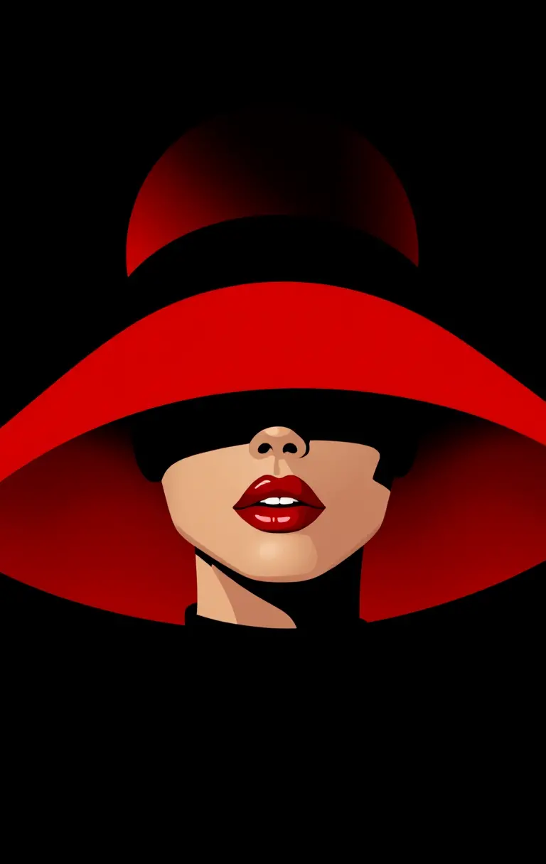 Mysterious woman in red hat on black vector background