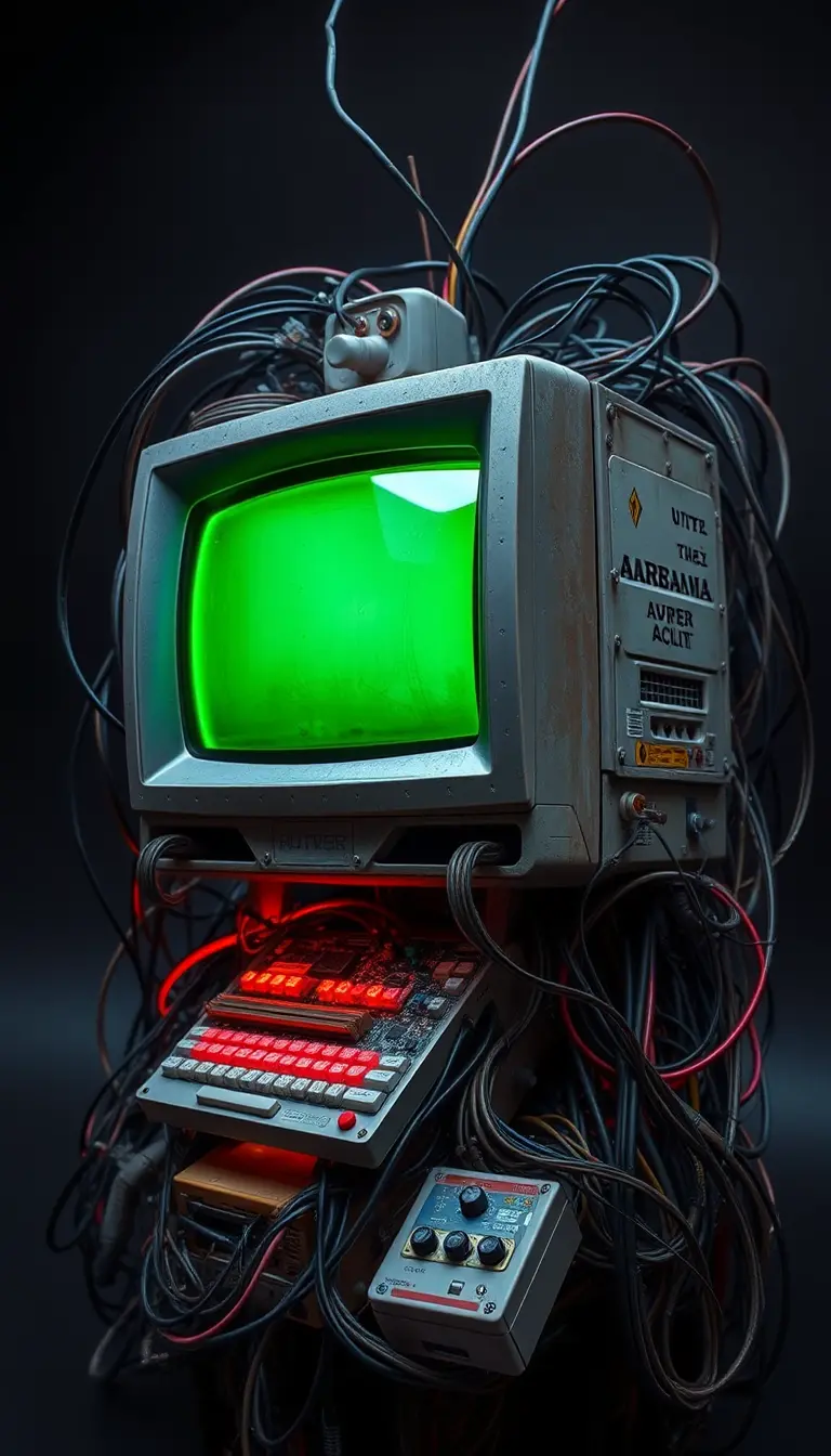 Futuristic sculpture of discarded computer components glowing inside