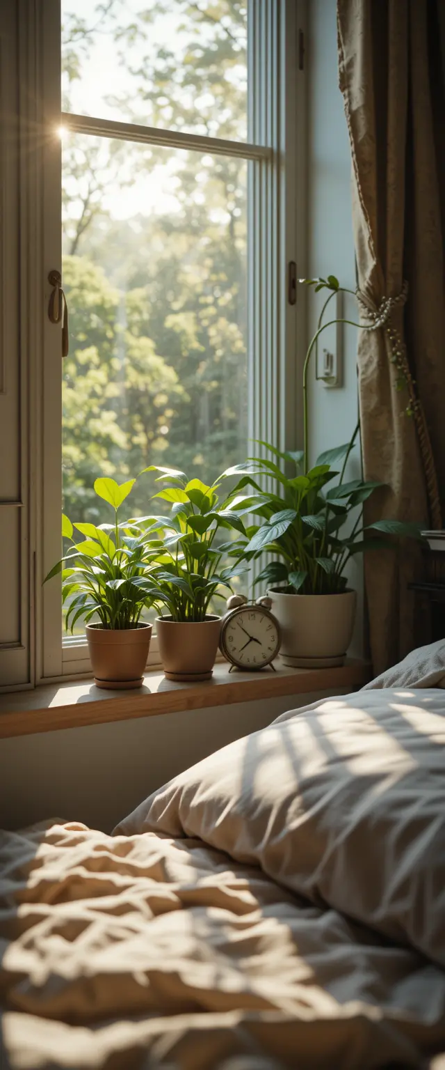 Alarm clock on a bright bedroom window sill with plants