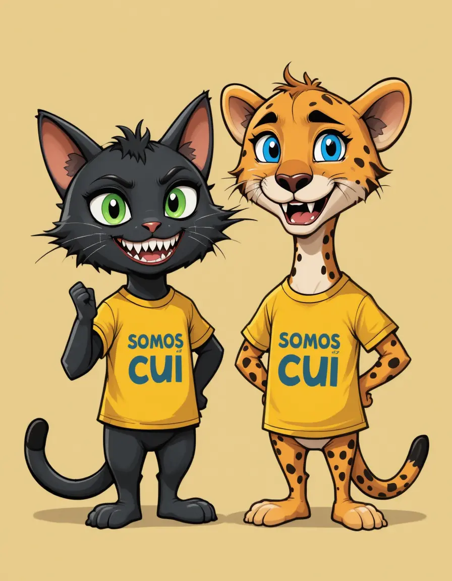 Cartoon cat and cheetah mascots wearing yellow somos cui shirts