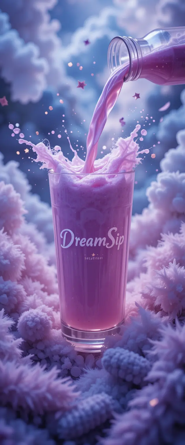 Dreamy pink lavender drink pouring amid clouds and stars