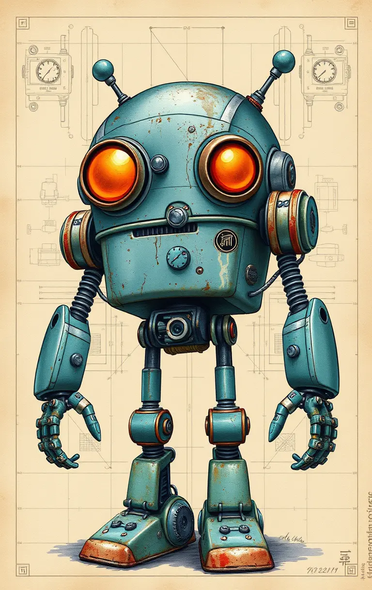 Watercolor retro robot with glowing eyes and schematic background