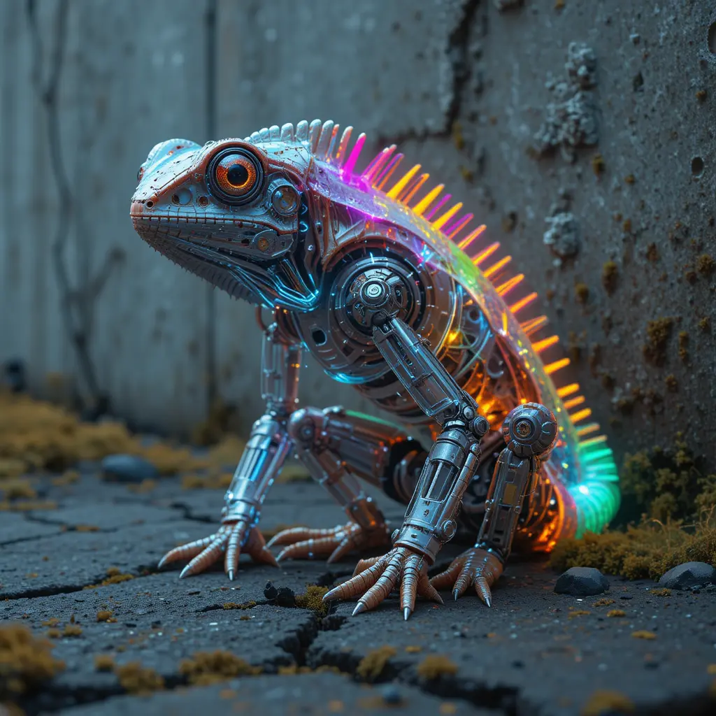 Cyberpunk biomechanical chameleon on cracked city street