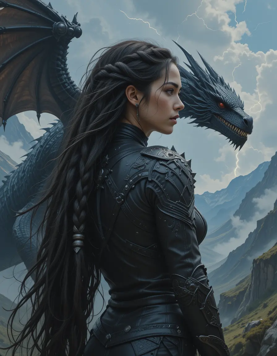 Fantasy warrior woman watching a distant black dragon