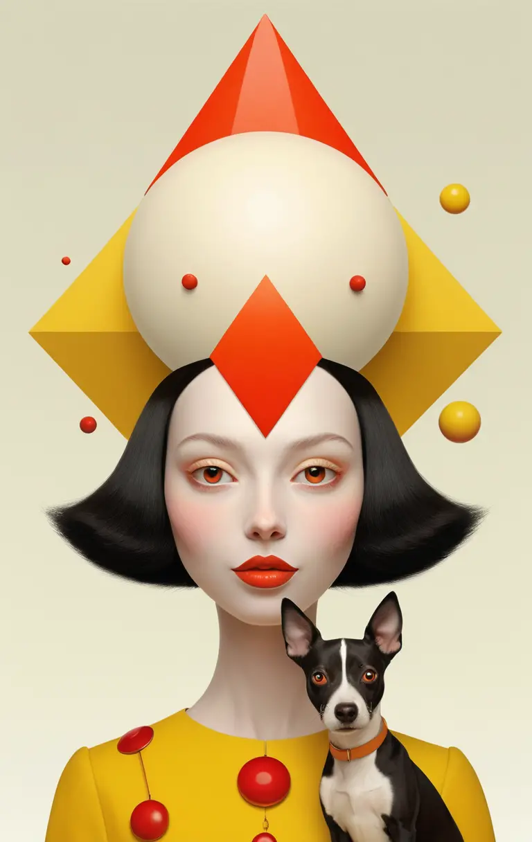 Geometric woman with playful colors walking a dog