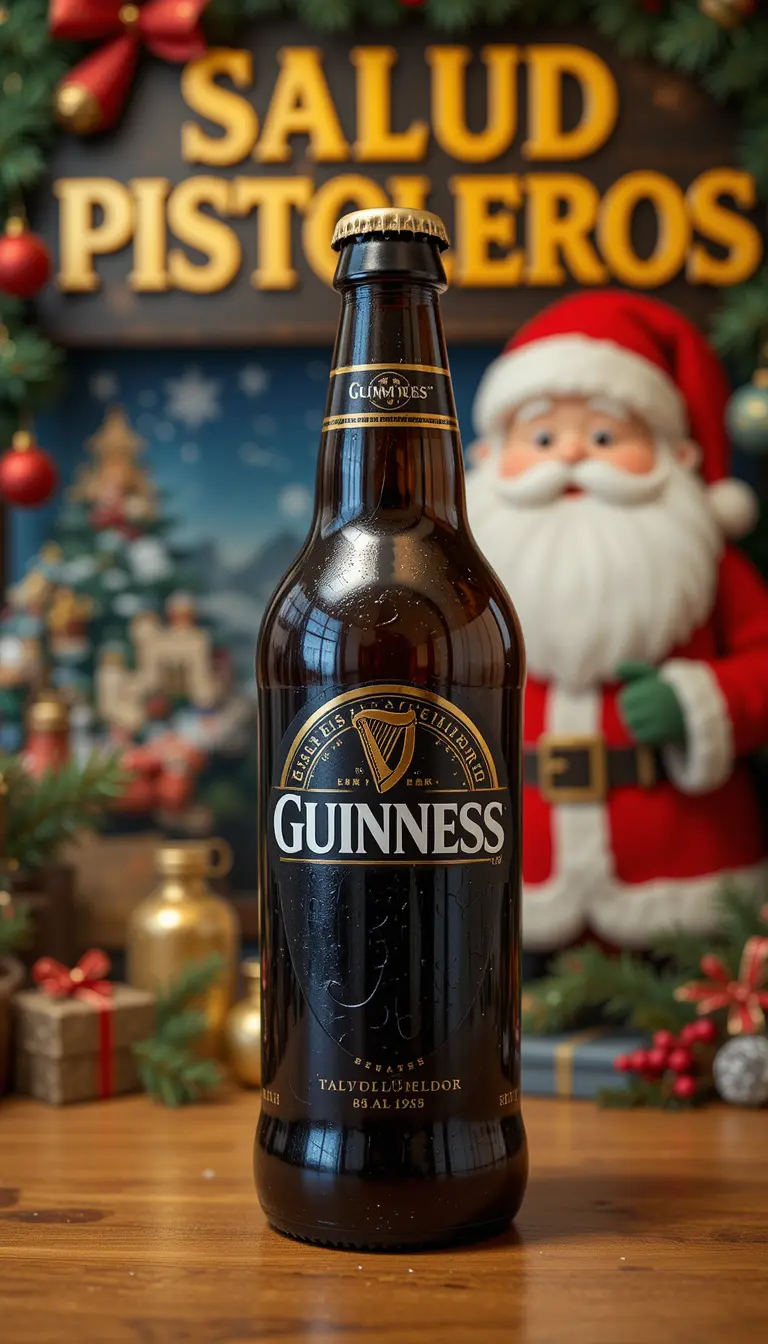 Bottiglia di birra Guinness con decorazioni natalizie festive
