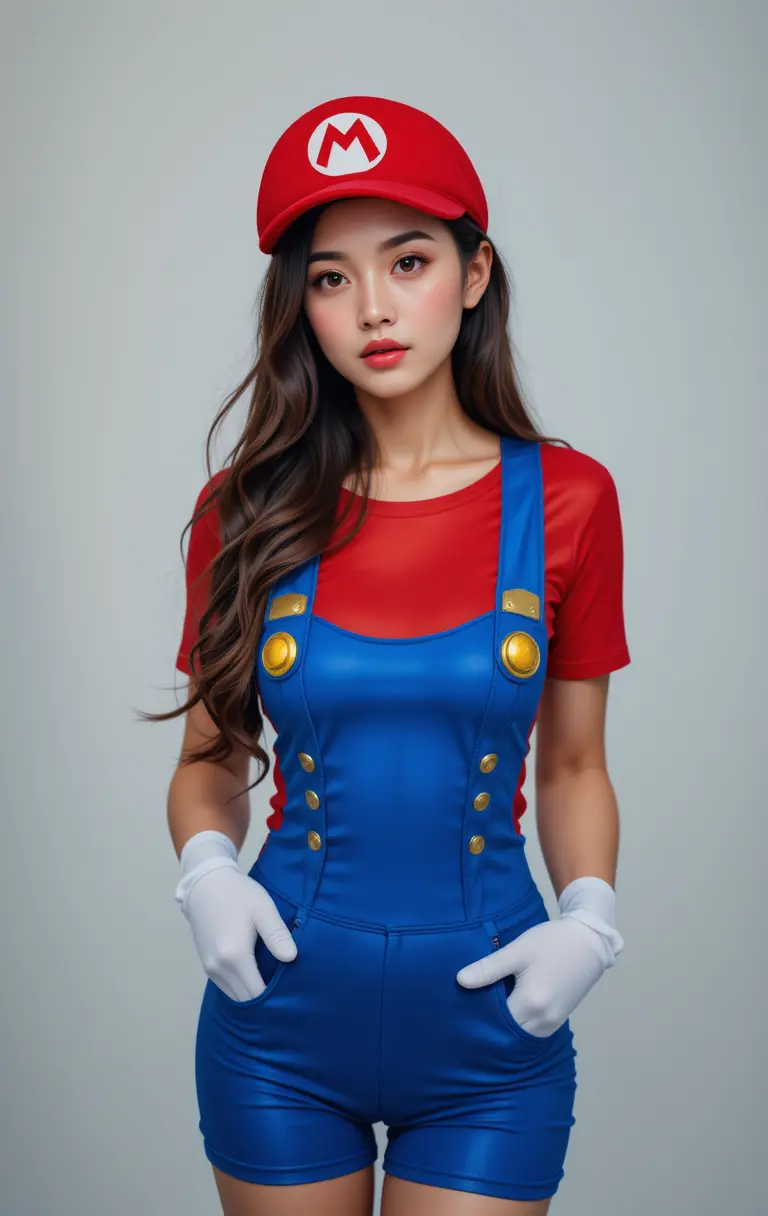 Beautiful asian woman in a playful super mario inspired outfit