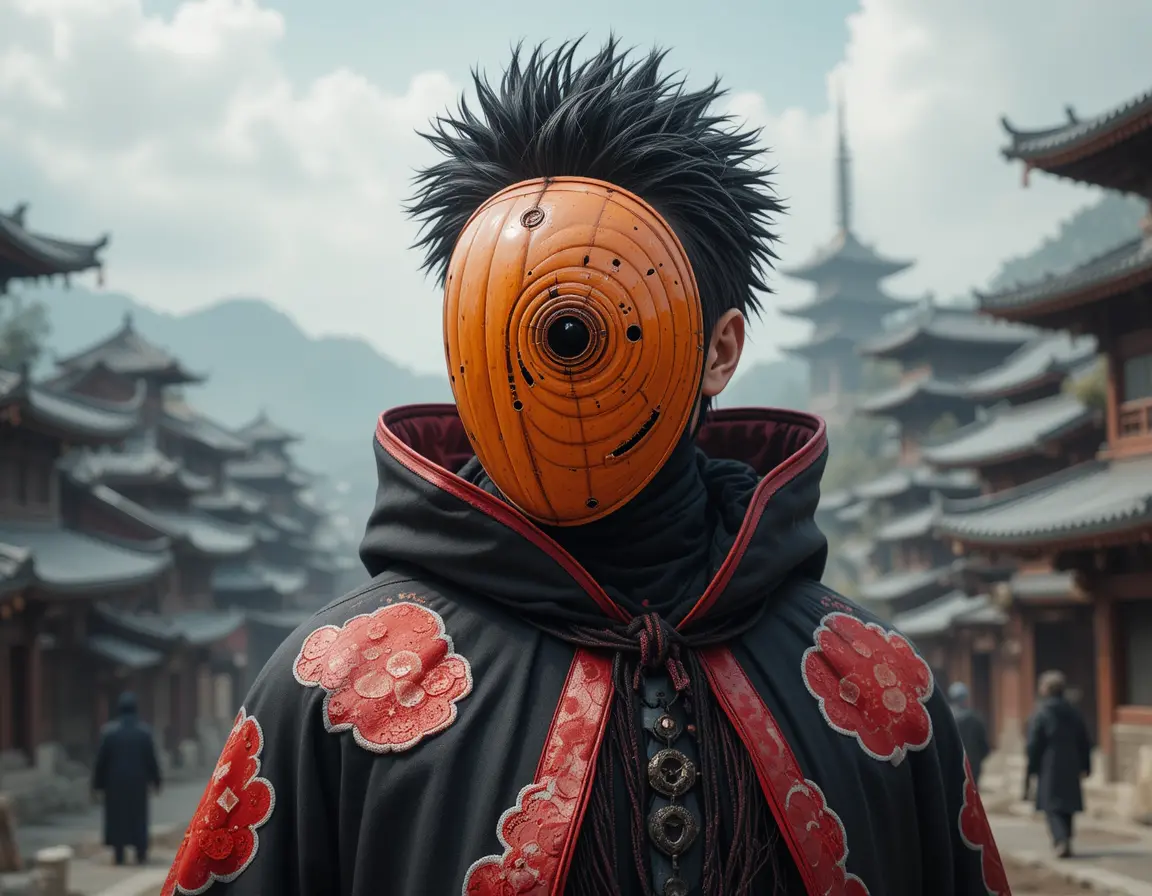 Masked figure in cloak in an ancient japanese city