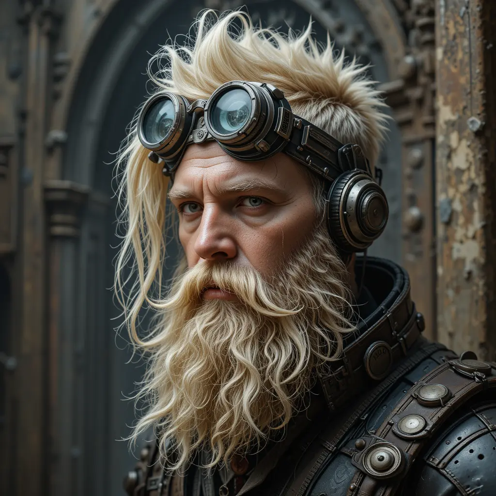 Steampunk cyborg man with goggles in dystopian city