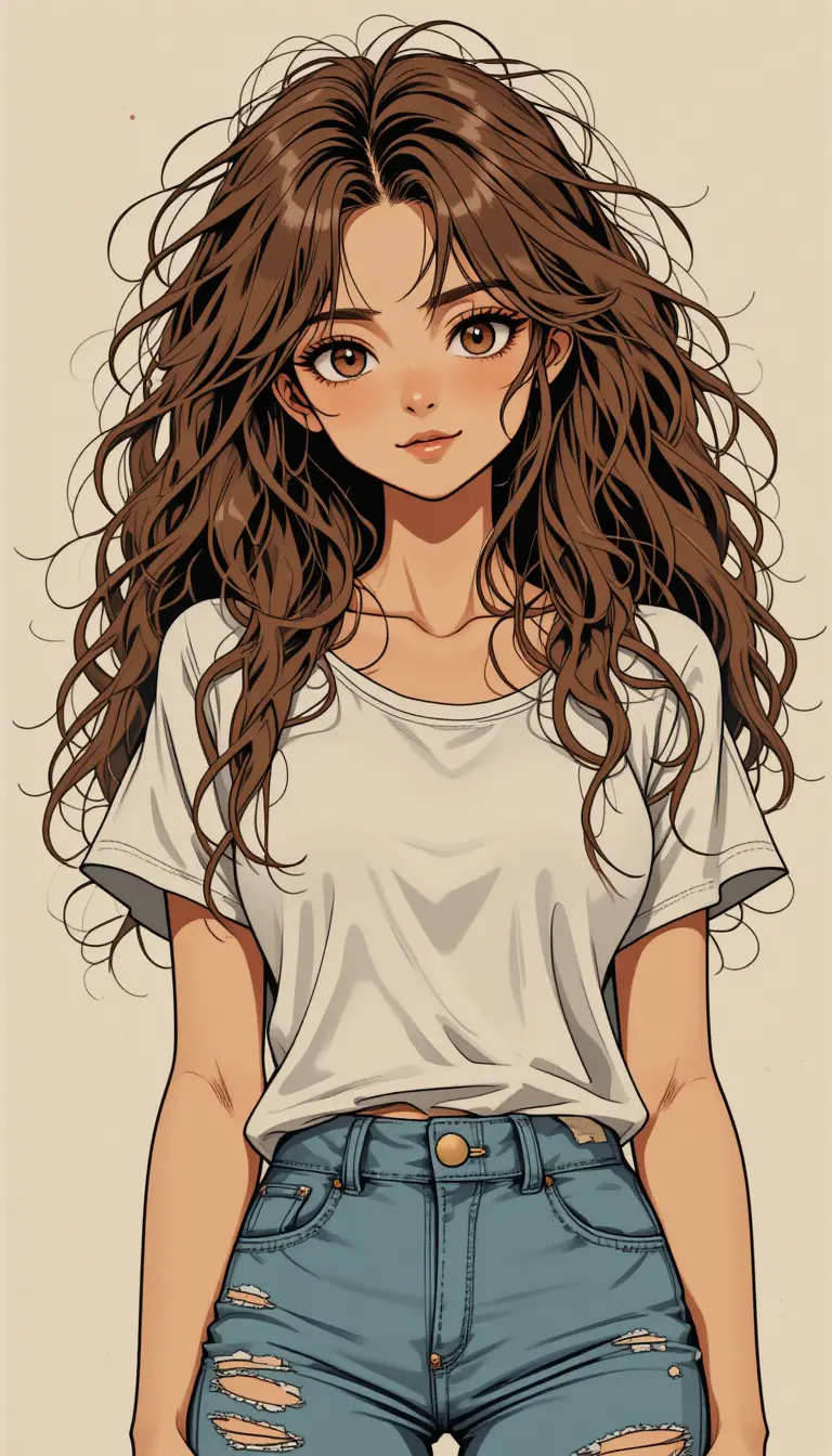 Anime bohemian woman with messy curly hair smiling