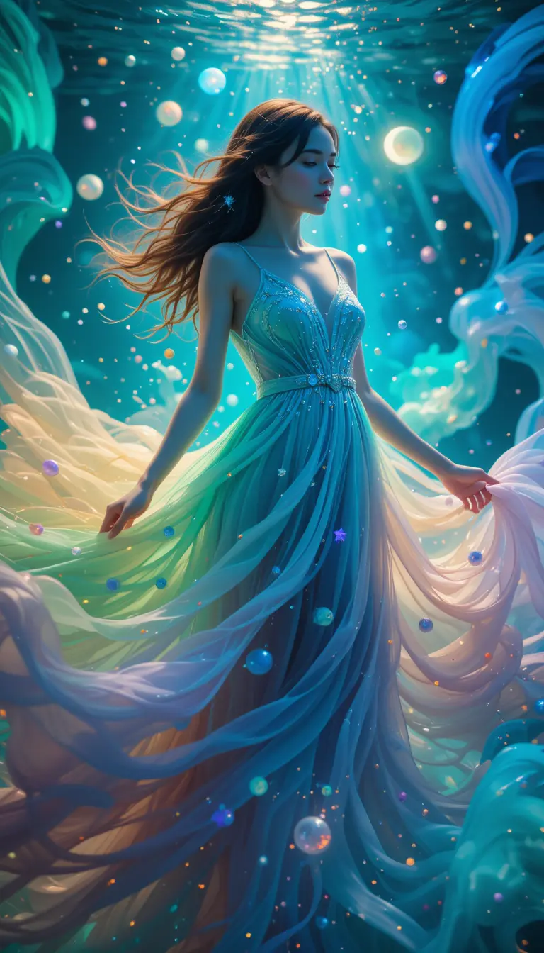 Young woman dissolving into vibrant underwater dreamscape