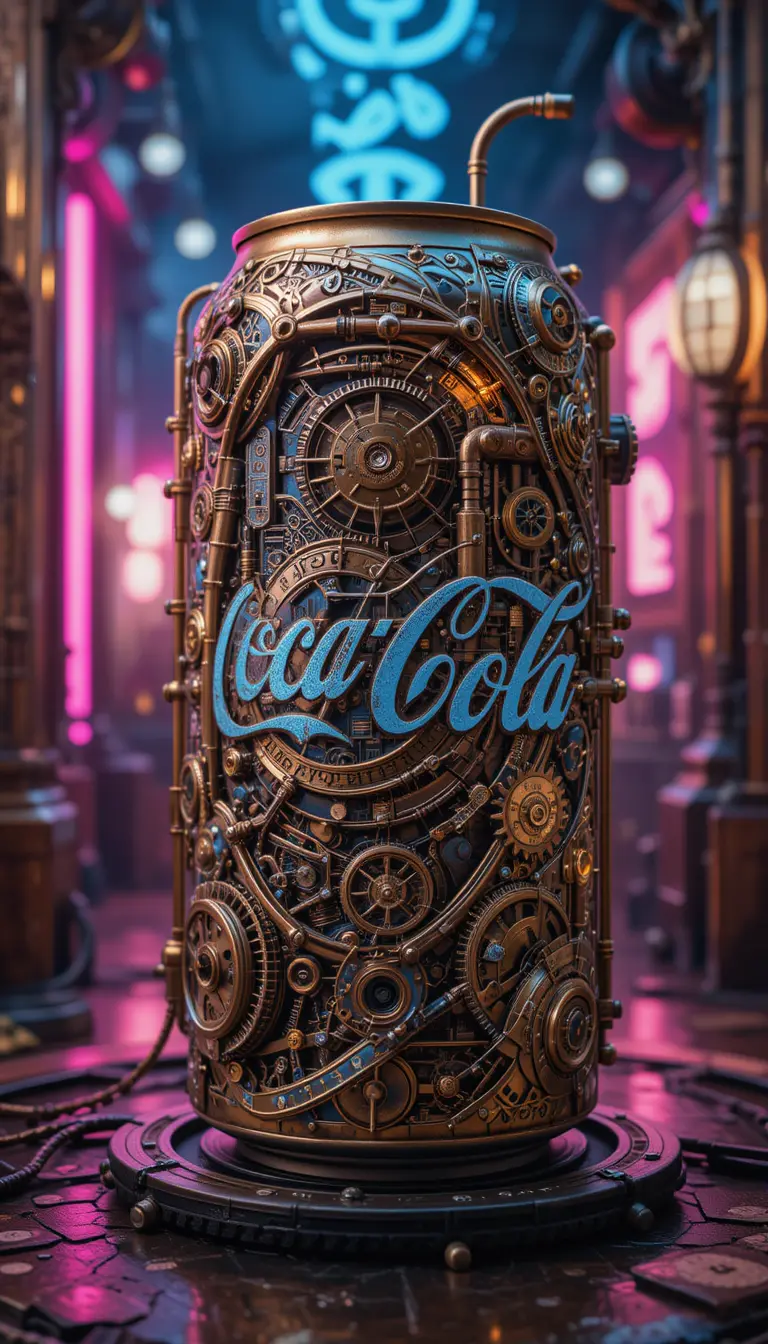 Steampunk clockwork soda can amid swirling neon lights