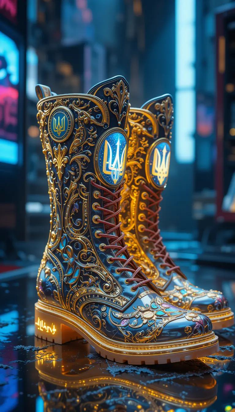 Cyberpunk Military Boots With Ukrainian Emblems And Glowing Details