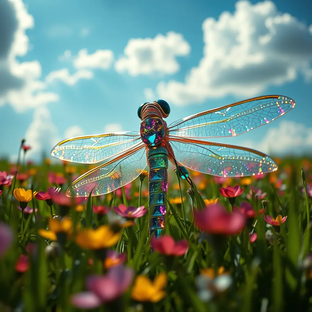 Rainbow jeweled dragonfly statue glowing in spring meadow