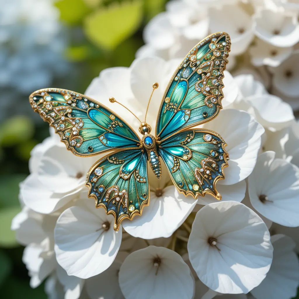 Blue green jeweled butterfly on white hydrangea blossom