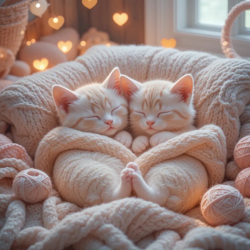 Two pastel cats sleeping together in a cozy blanket