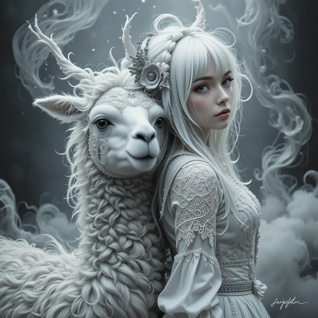 Ethereal woman with alpaca in misty dreamlike scene