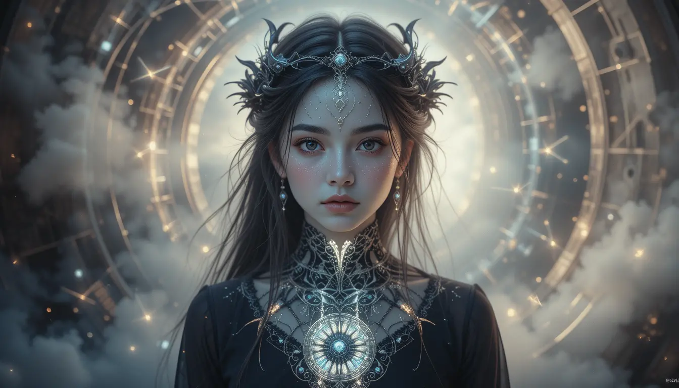 Mystical girl portrait with glowing skin and zodiac backdrop
