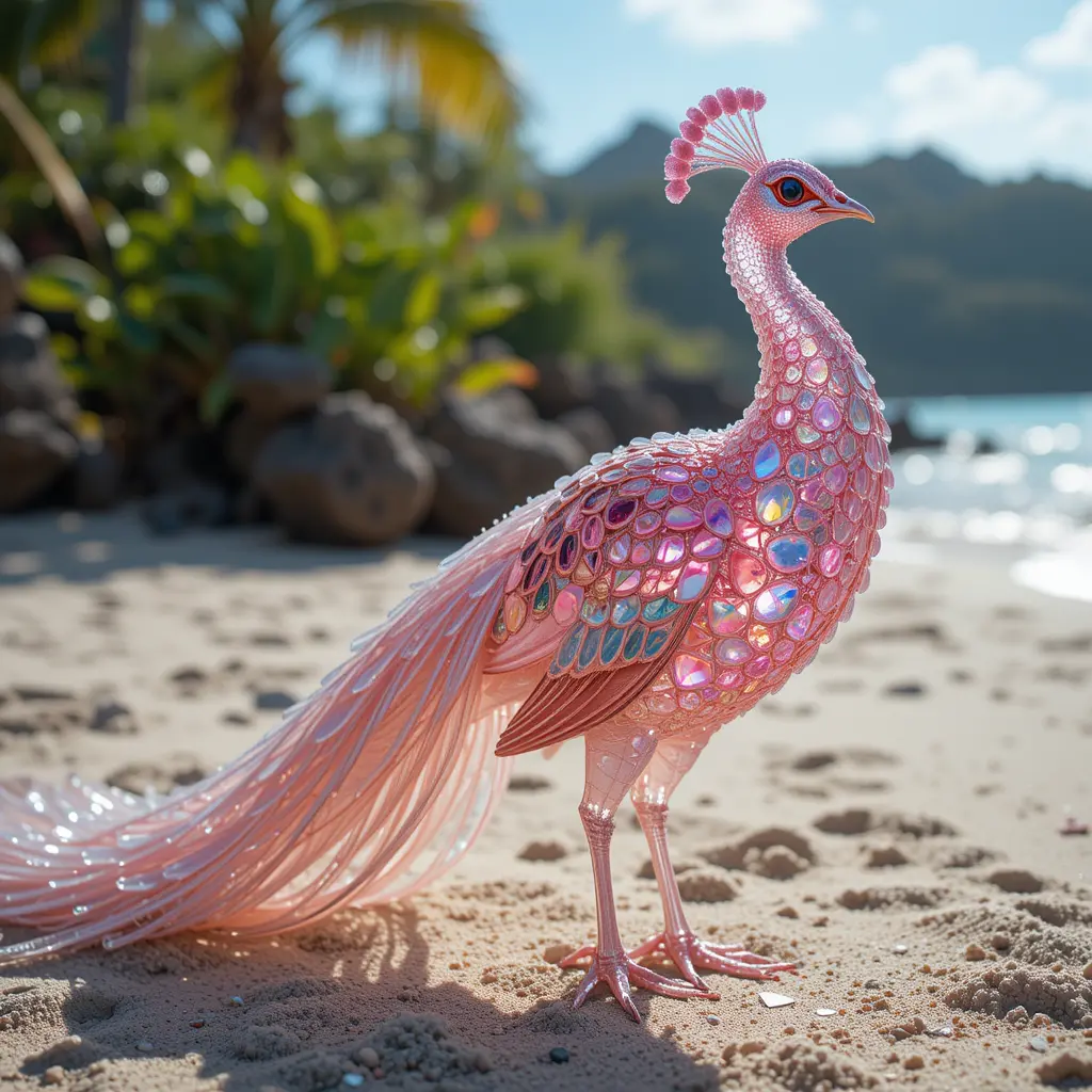 Colorful crystal peacock with long tail on sunny beach
